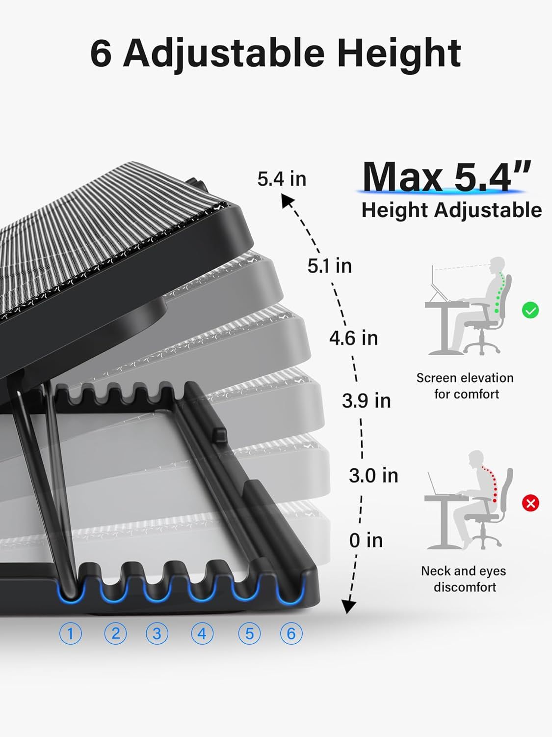 Communicates the product's adjustable height capability with specific measurements to show versatility and ergonomic benefits for screen elevation and comfort. Demonstrates how the adjustable height…