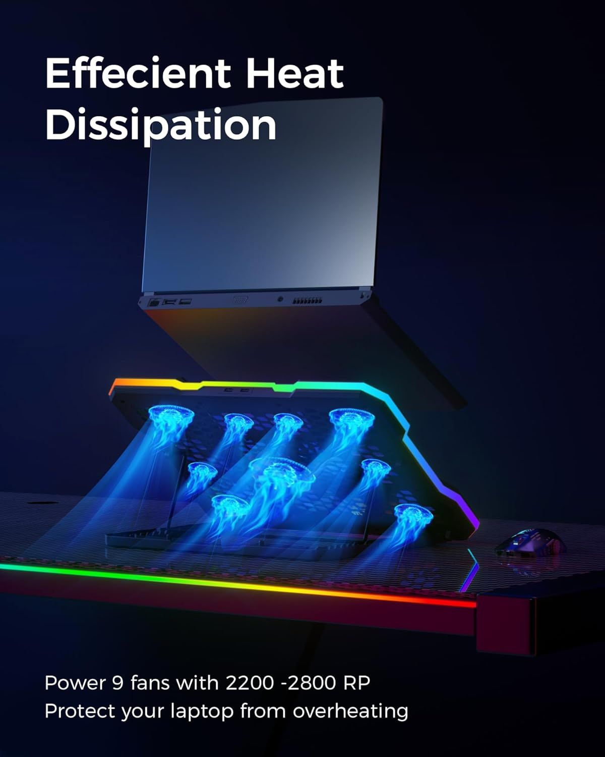 Communicates the cooling power and performance specifications of the laptop cooling pad to reassure shoppers that it can effectively prevent overheating. Highlights the primary benefit of efficient…