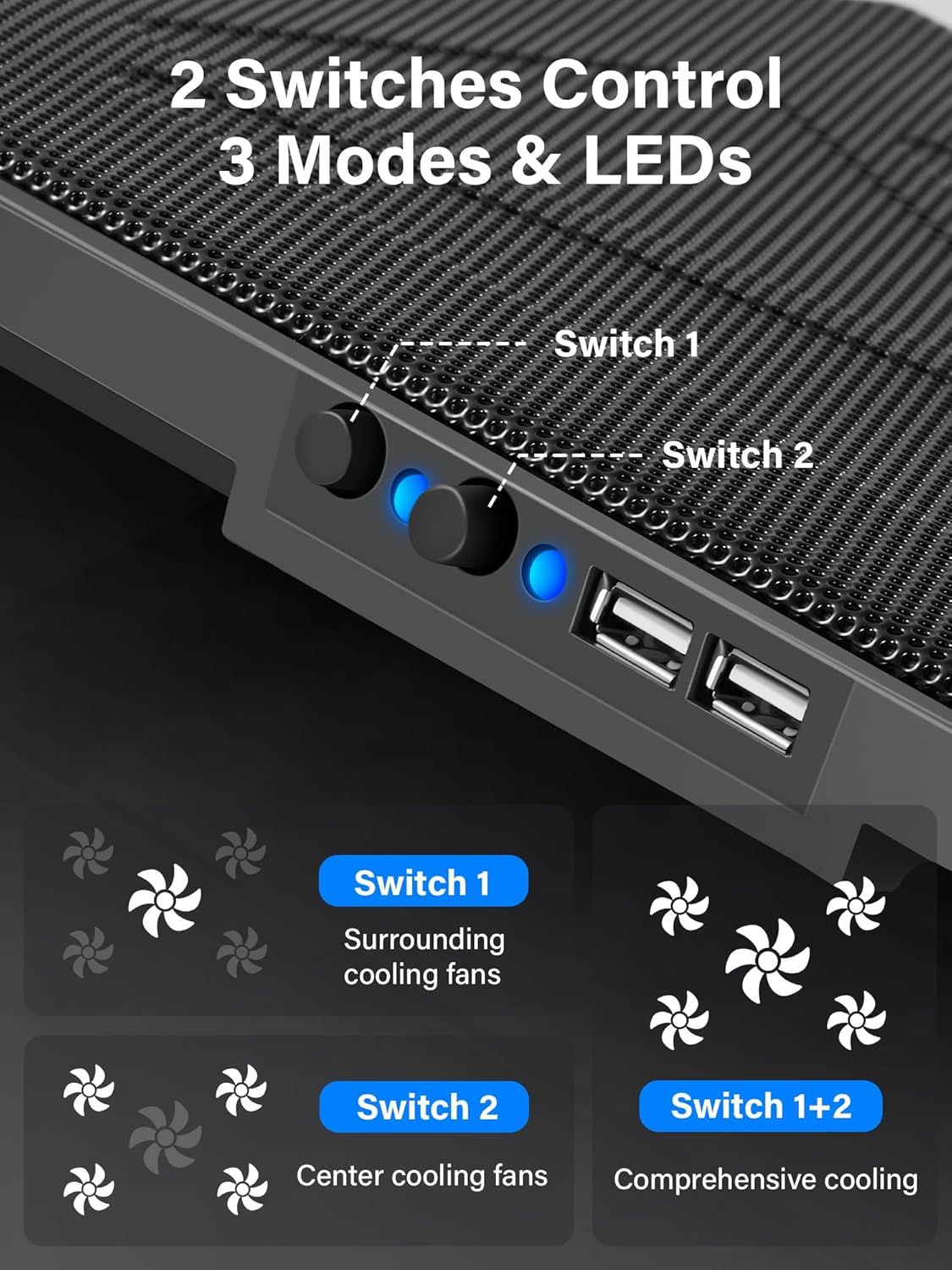 Highlights the physical components and control interface of the cooling pad, showing shoppers where the switches and LEDs are located and what they control. Demonstrates the three distinct cooling…