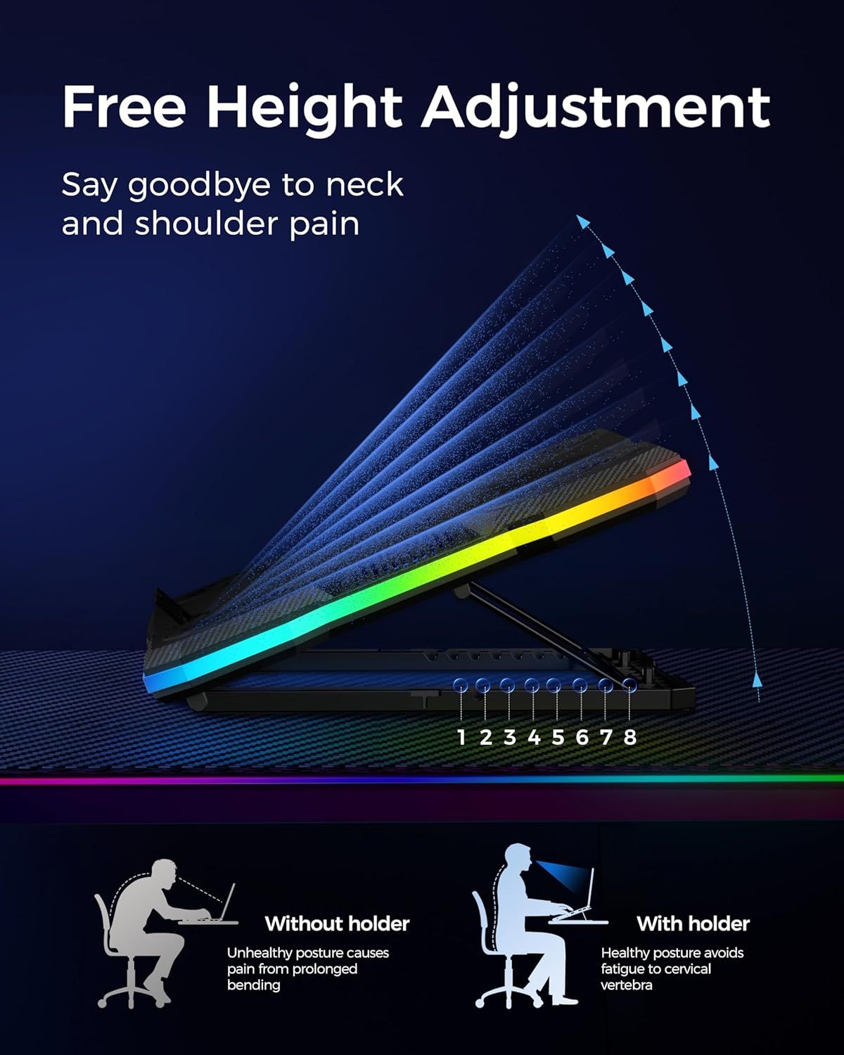 Communicates that the product (laptop stand) offers adjustable height settings to prevent neck and shoulder pain by promoting healthy posture during computer use.