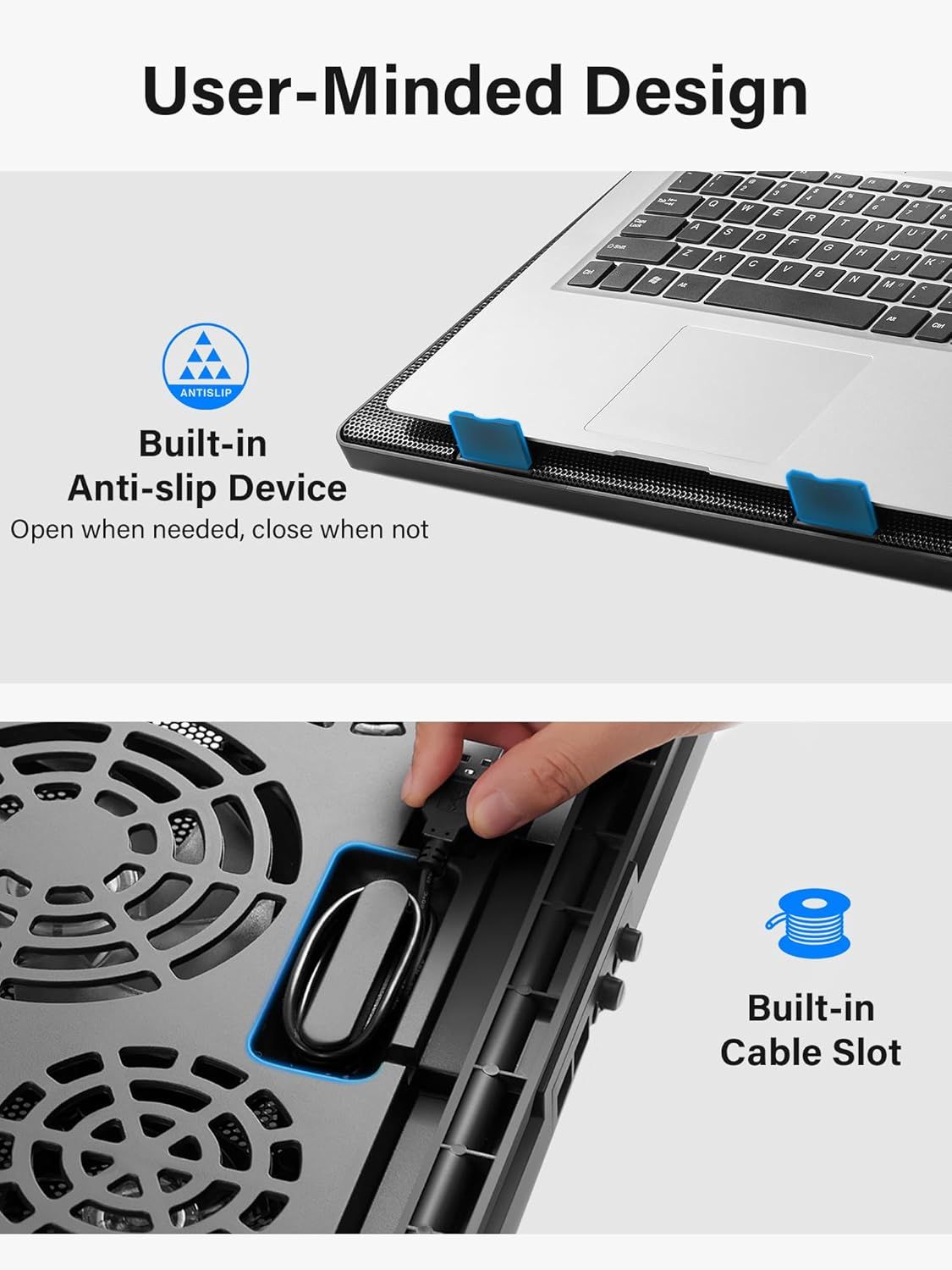 Highlights two distinct user-minded design features of the laptop stand: an anti-slip device that can be opened or closed as needed, and a built-in cable management slot for organization.