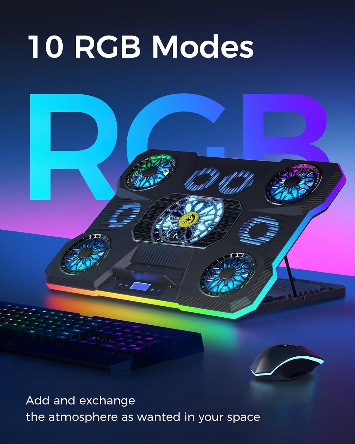 Highlights the customizable RGB lighting feature with 10 different modes to appeal to gamers and users who want to personalize their gaming setup atmosphere.