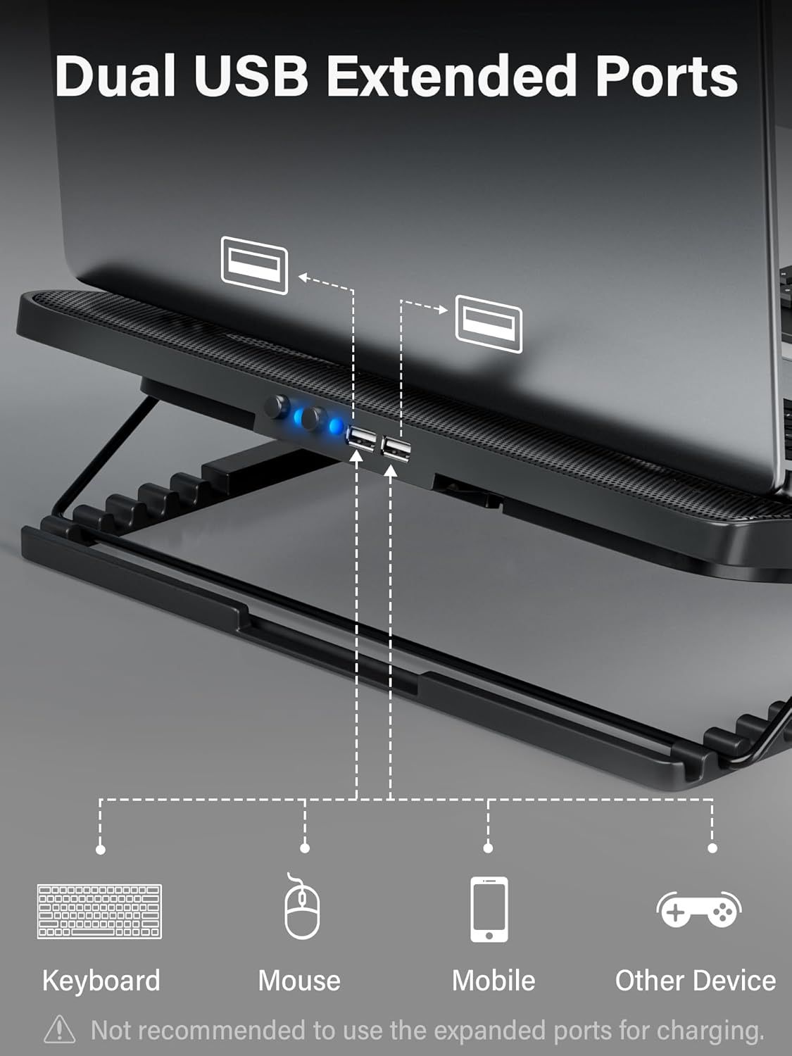 Demonstrates the multiple device types that can be connected to the dual USB ports, including keyboard, mouse, mobile phone, and gaming controller, reassuring shoppers of the product's versatility…