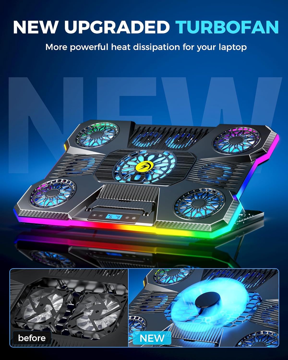 Demonstrates the product upgrade from the old fan design to the new turbofan technology, showing improved cooling performance for laptops. Highlights the upgraded turbofan cooling system as the…