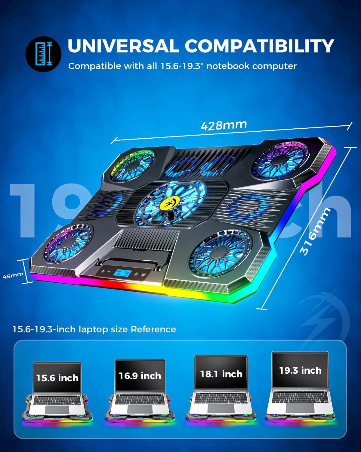 Demonstrates that the laptop cooling pad is compatible with multiple laptop sizes (15.6-19.3 inches), showing shoppers the product works across different devices and use cases. Shows the exact…