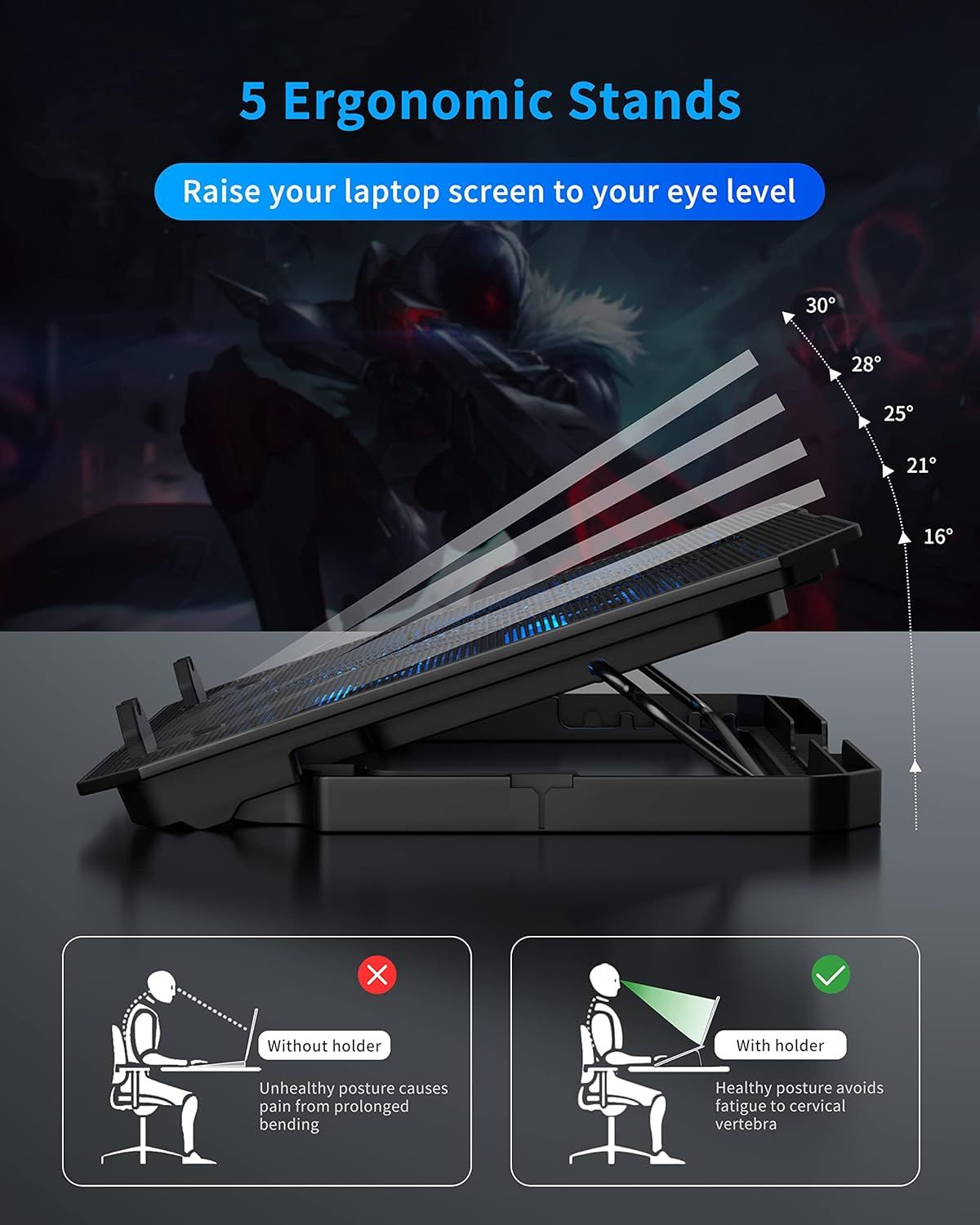 Communicates the laptop stand's multiple adjustable angles and ergonomic benefits, showing how it improves posture and reduces neck strain compared to working without a stand.