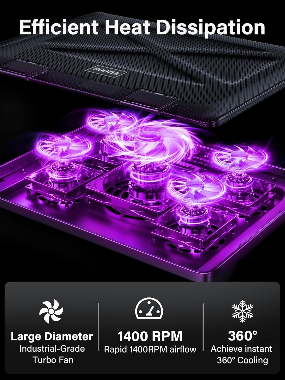Demonstrates the internal cooling architecture of the laptop cooling pad, showing how the multiple fans and airflow system work together to dissipate heat efficiently. Highlights three distinct…