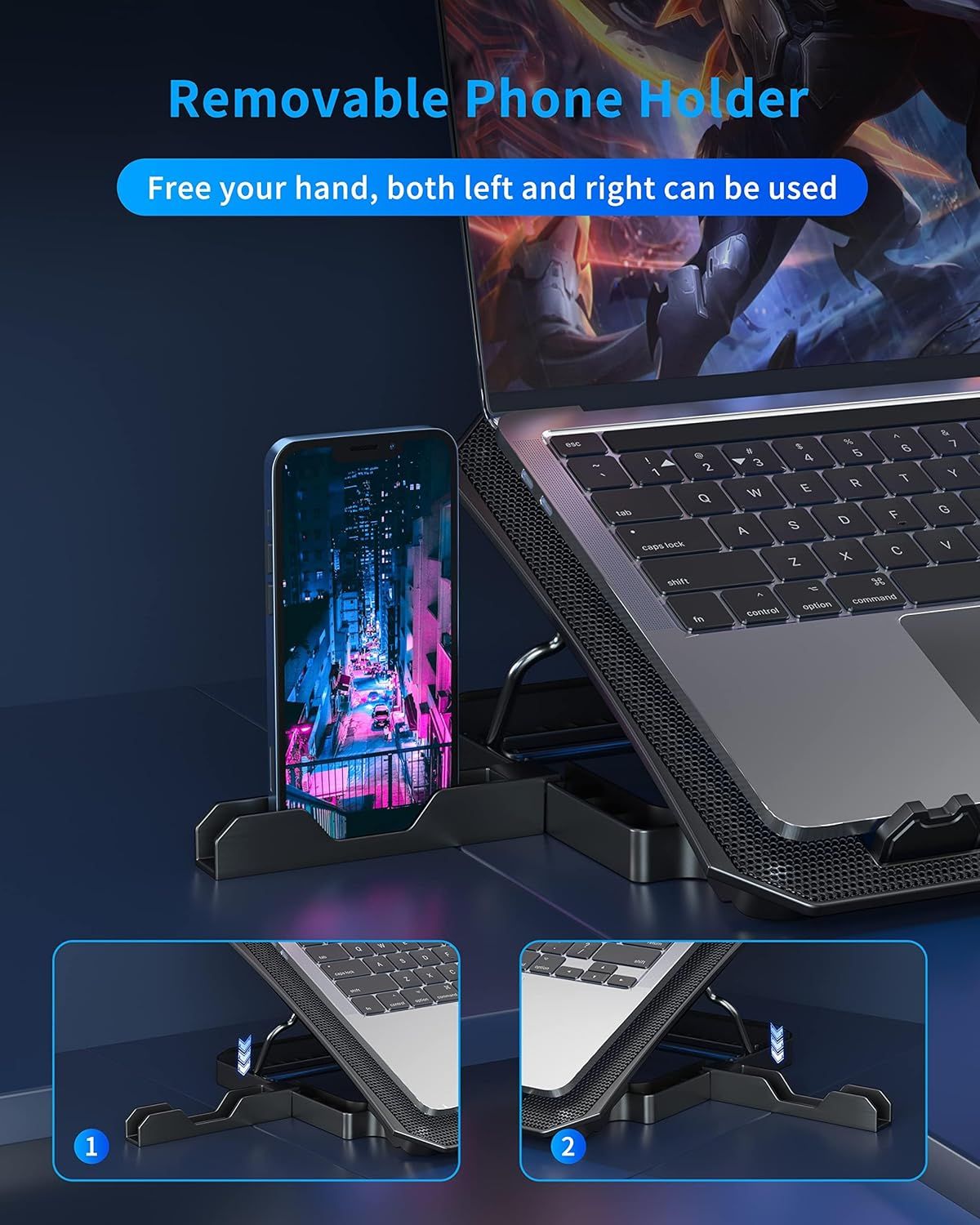 Demonstrates that the laptop stand includes a removable phone holder that allows users to keep their phone visible and accessible while working, freeing both hands for typing or other tasks.