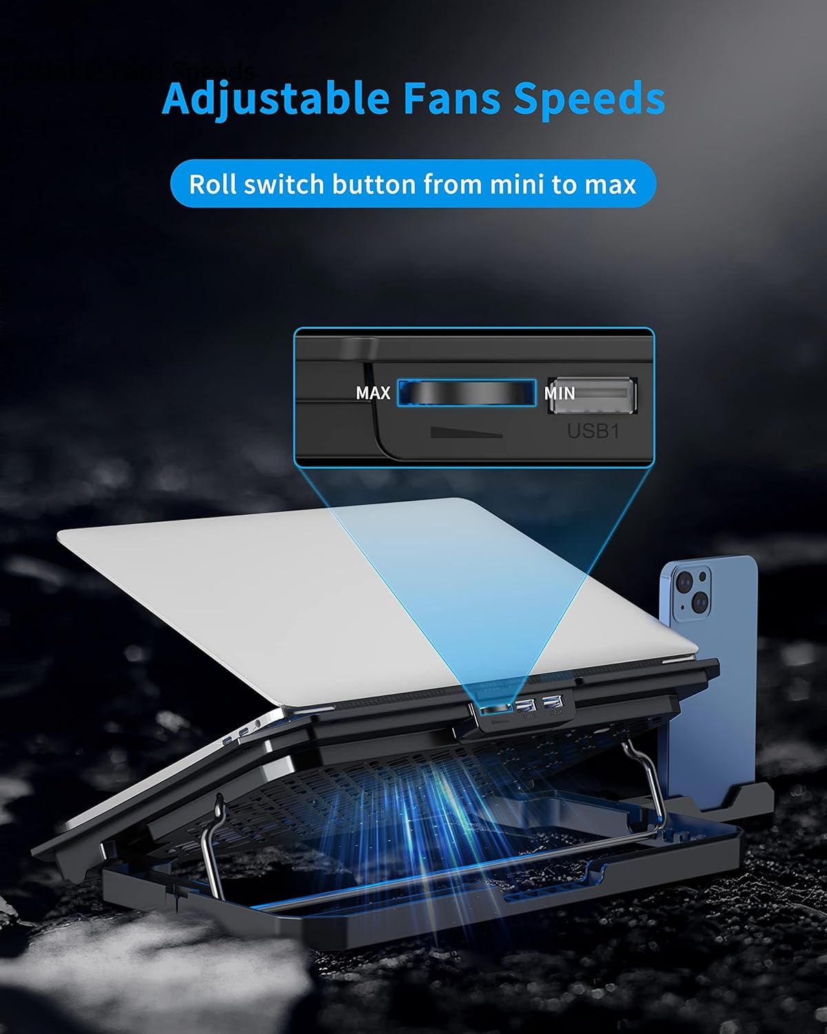 Communicates that the laptop cooling pad offers adjustable fan speeds via a roll switch button, giving users control over cooling intensity from minimum to maximum. Highlights the physical location…