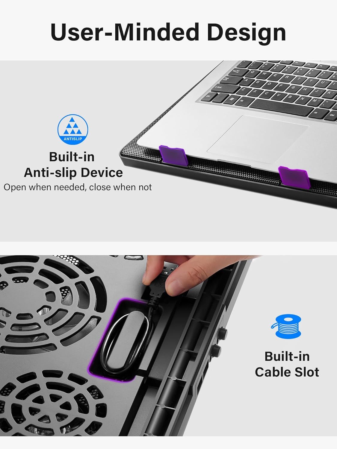 Highlights two distinct user-minded design features of the laptop stand: the anti-slip device for stability and the cable management slot for organization.