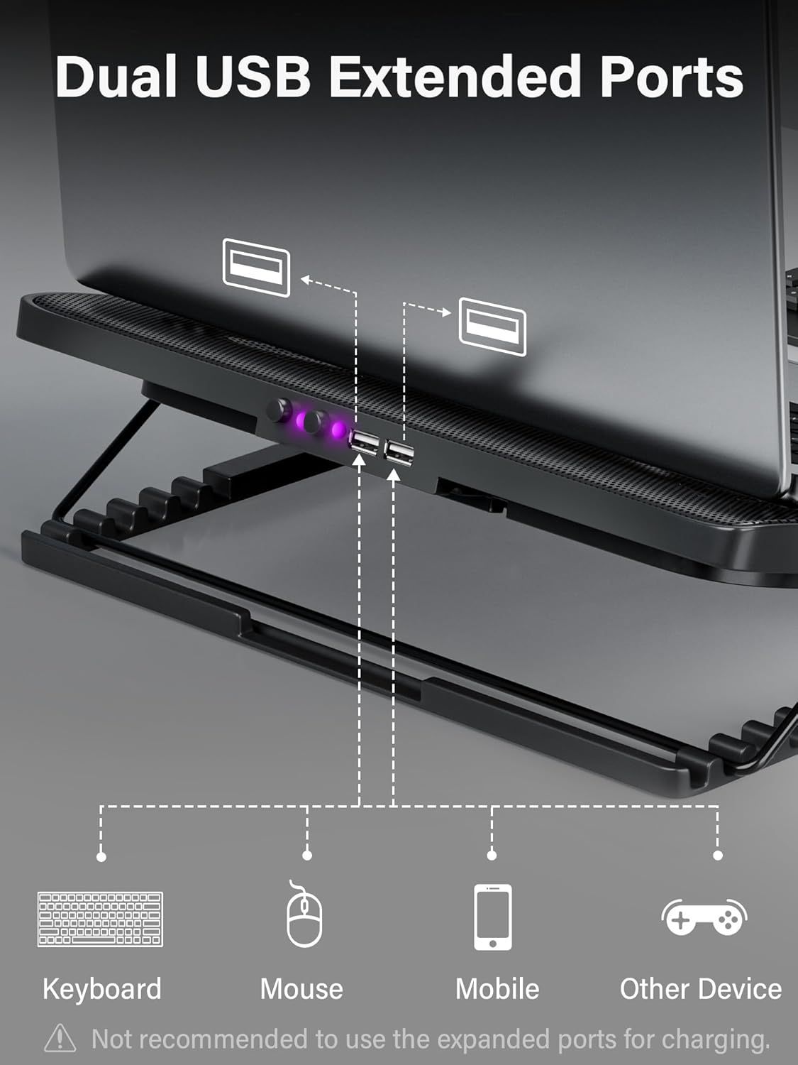 Highlights the physical location and functionality of the dual USB ports on the laptop stand, showing shoppers what devices can be connected (keyboard, mouse, mobile, gaming controller).…