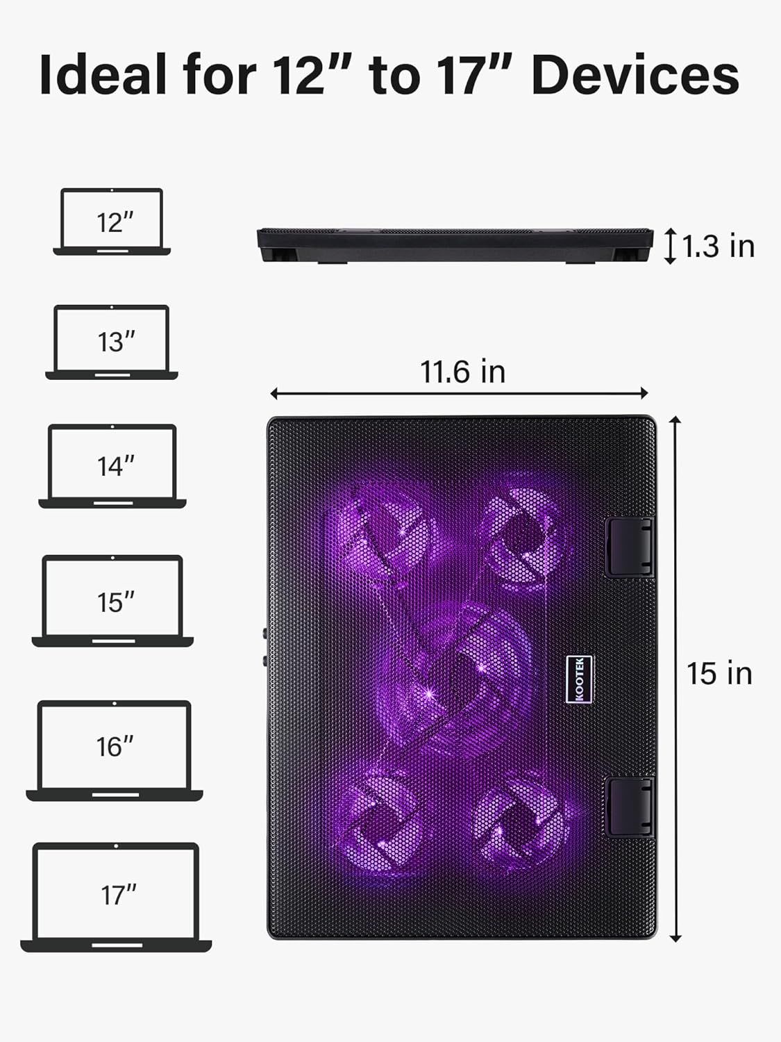 Communicates the physical size of the cooling pad (11.6 x 15 x 1.3 inches) and shows compatibility with laptops ranging from 12 to 17 inches to help shoppers determine if it fits their device.