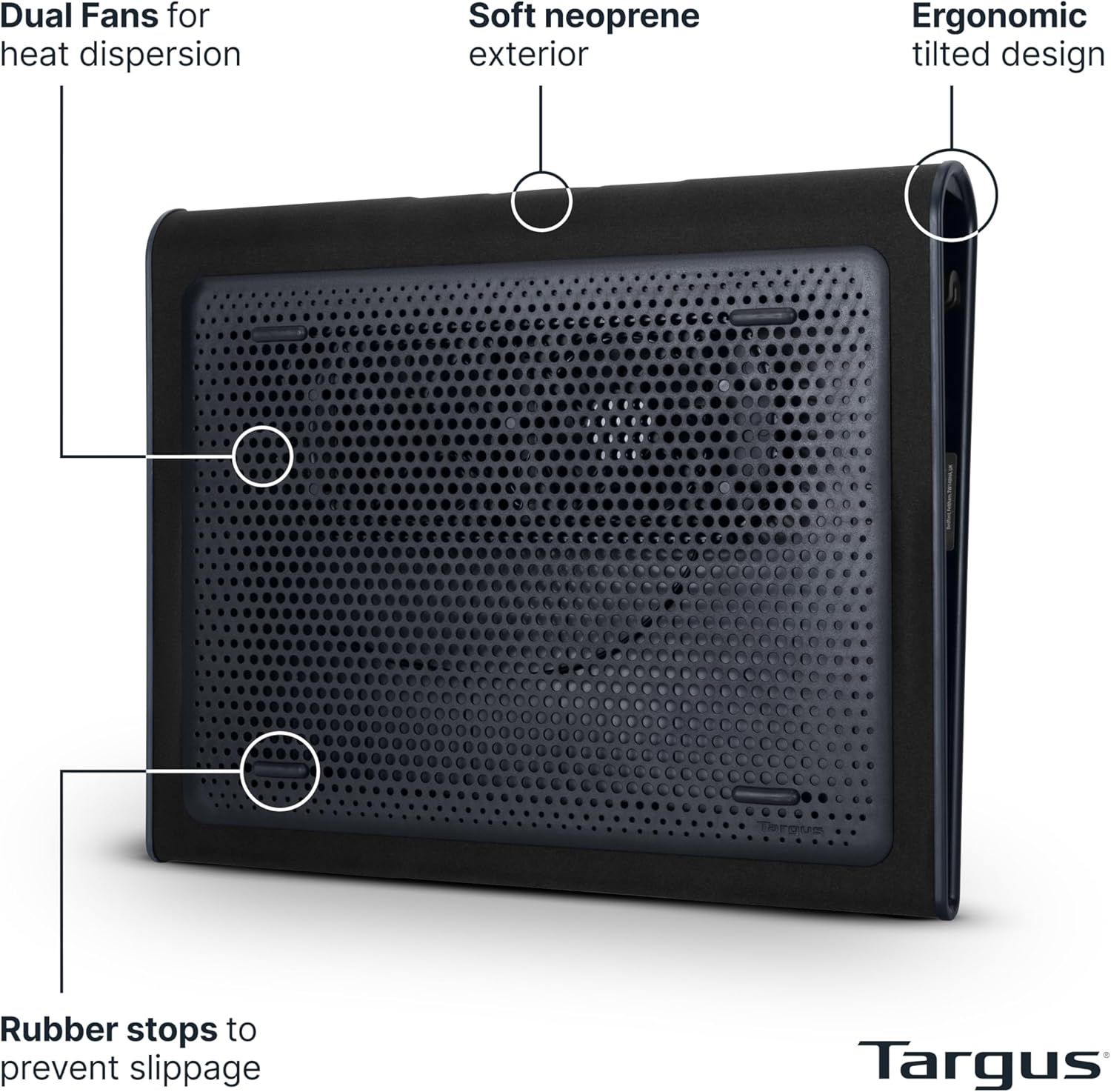 This image breaks down the physical components and structural features of the laptop cooling pad to help shoppers understand what the product is made of and how it's constructed.