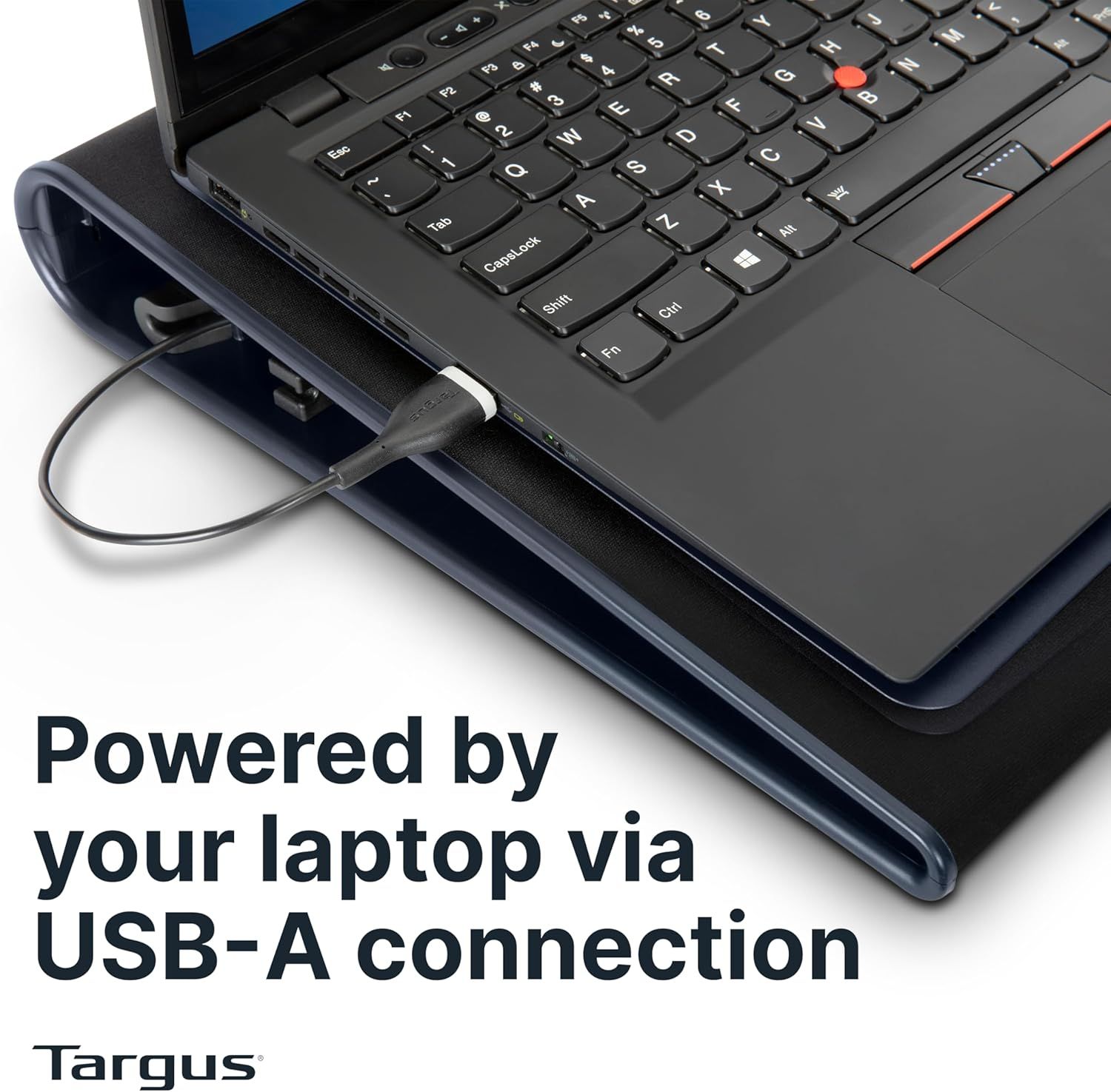 Communicates that the product (docking station/hub) is powered directly by the laptop via USB-A connection, emphasizing convenience and eliminating the need for separate power adapters.