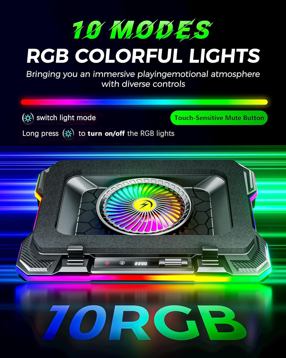 Highlights multiple distinct features of the gaming phone cooler including customizable RGB lighting with 18 modes, touch-sensitive controls, and diverse lighting control options to appeal to gamers…