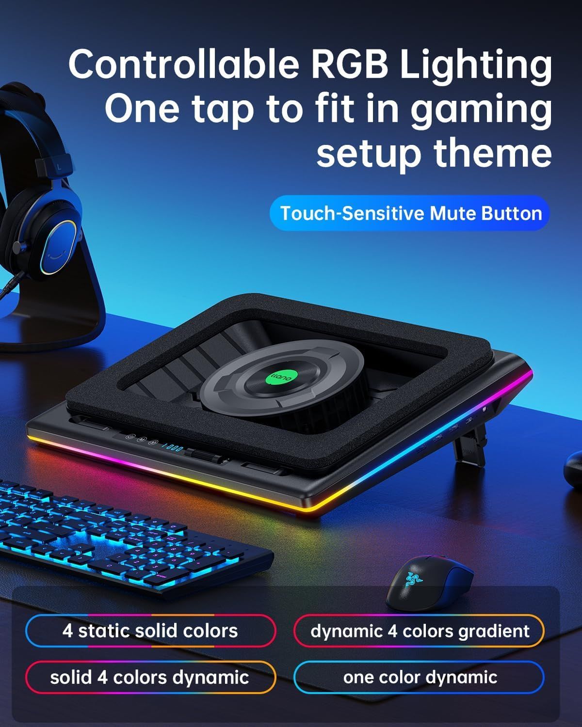 Highlights multiple gaming-focused features of the laptop cooling pad, including customizable RGB lighting that syncs with gaming setups, a convenient touch-sensitive mute button, and various color…