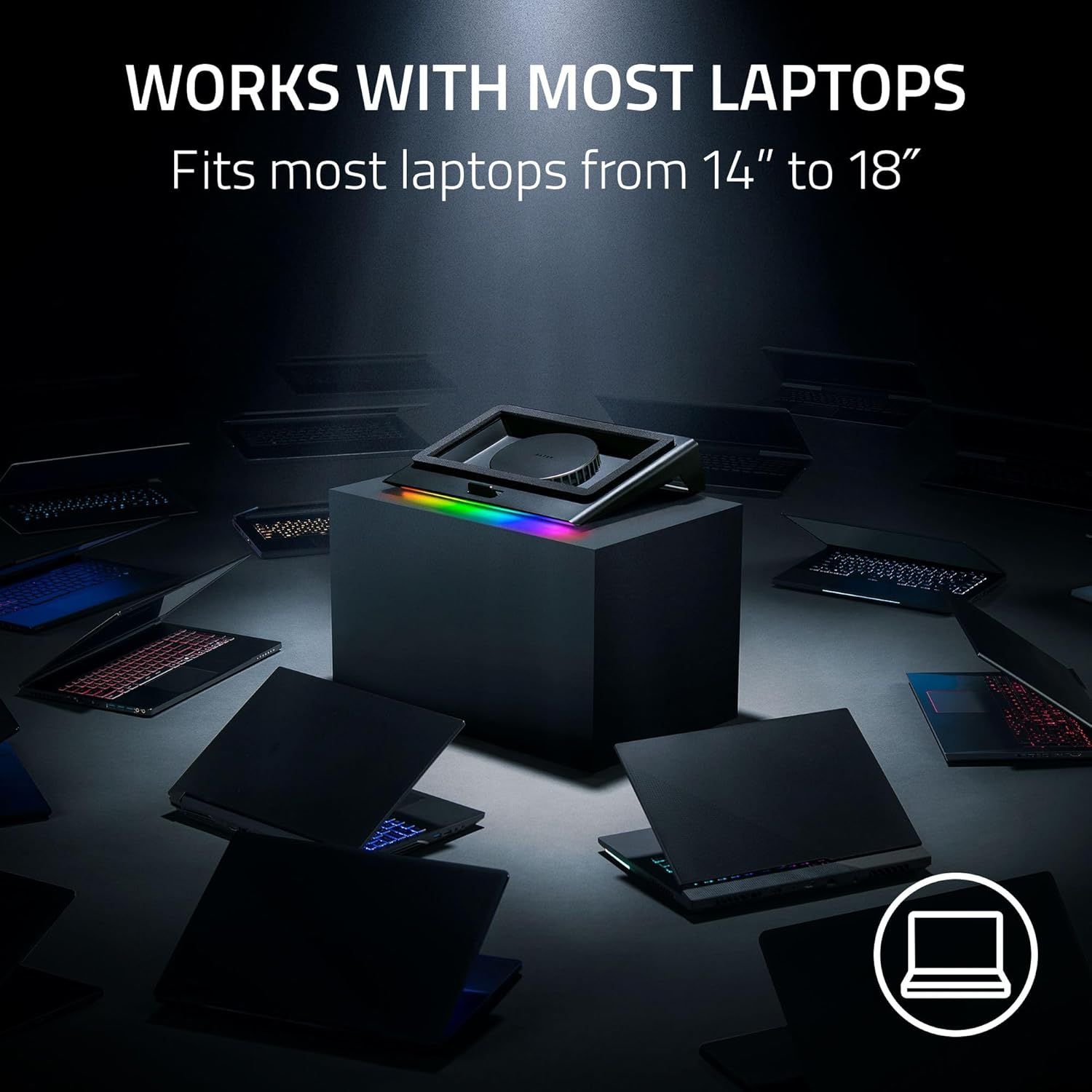 Demonstrates that the product (laptop cooling stand or accessory) is compatible with a wide range of laptop sizes from 14 to 18 inches, reassuring shoppers about universal fit.