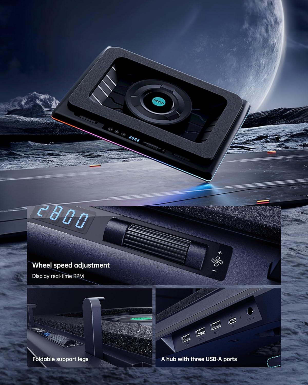 Showcases multiple distinct features of the laptop cooling pad in a segmented layout to demonstrate its versatility and functionality, including adjustable fan speed, ergonomic design, and…