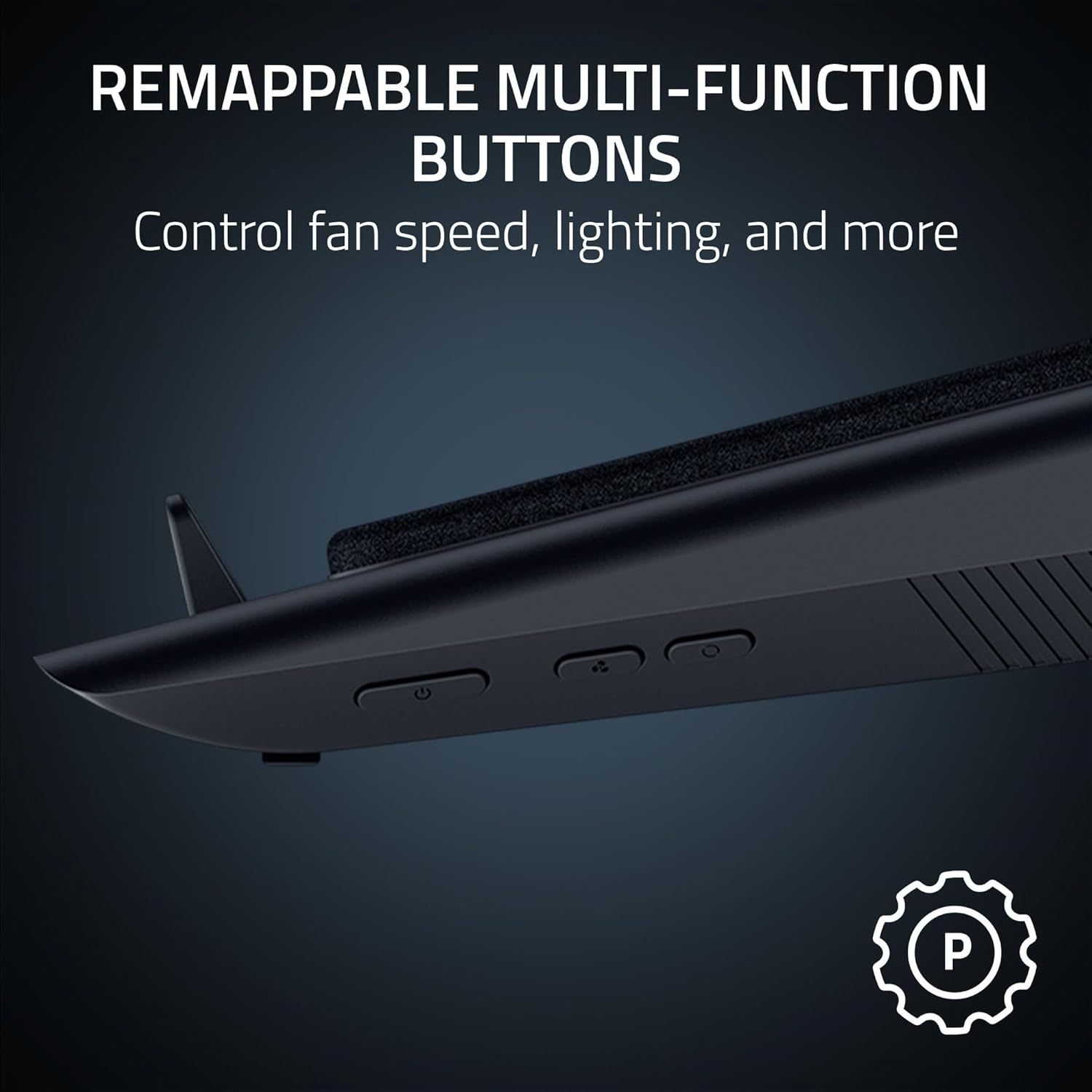 Highlights the customizable control buttons on the product that allow users to control fan speed, lighting, and other functions, emphasizing versatility and user control. Communicates the key…