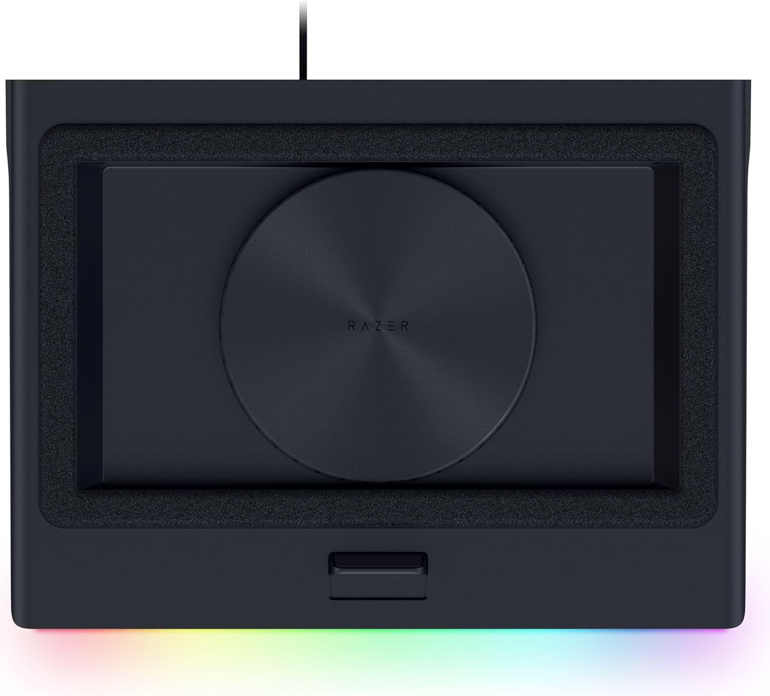 Provides a clean, catalog-style view of the Razer product showing its design, circular speaker element, RGB lighting strip, and overall form factor without distractions.