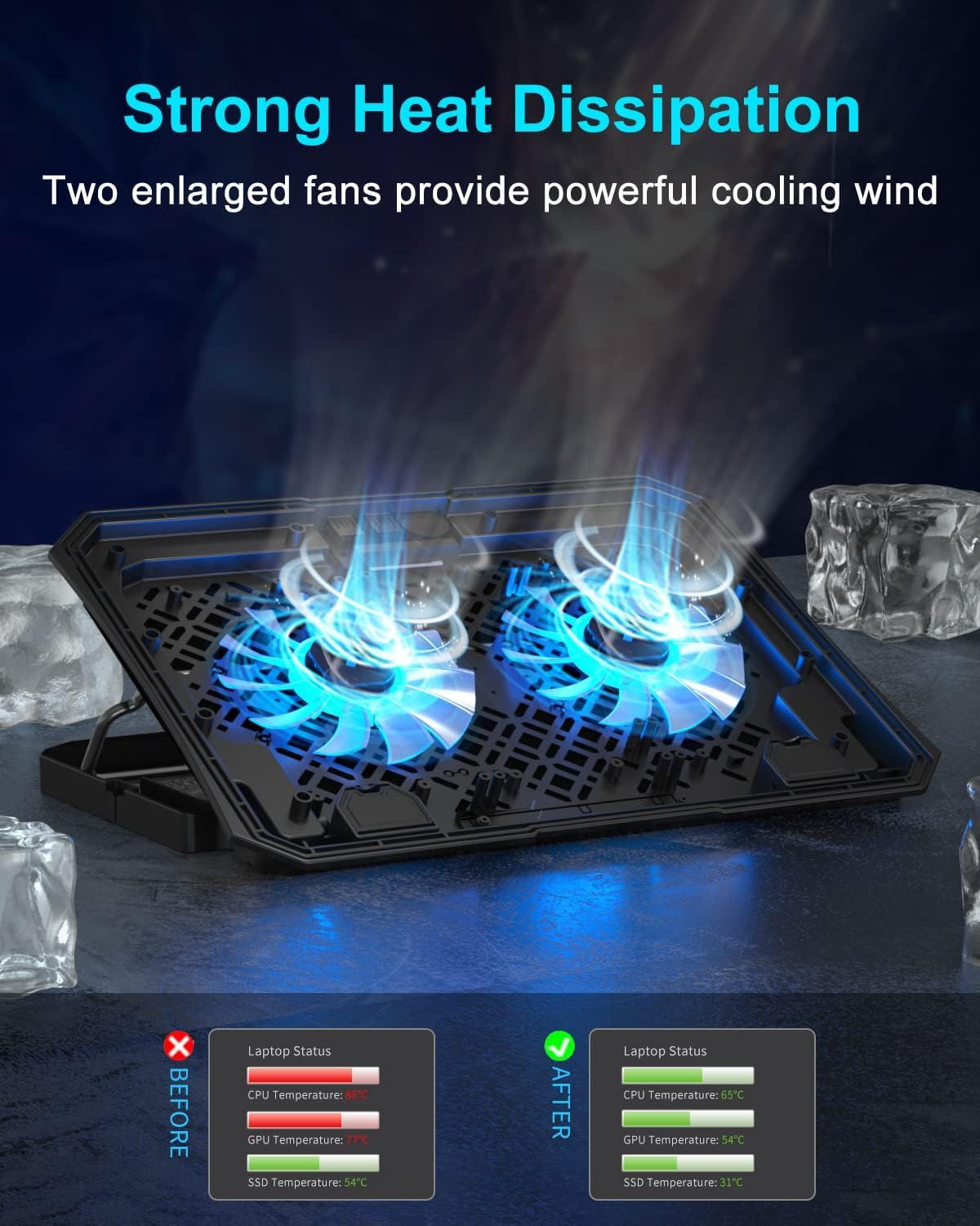 Demonstrates the laptop cooling pad's effectiveness by showing a before-and-after comparison of CPU, GPU, and SSD temperatures, proving the product significantly reduces device heat. Highlights the…