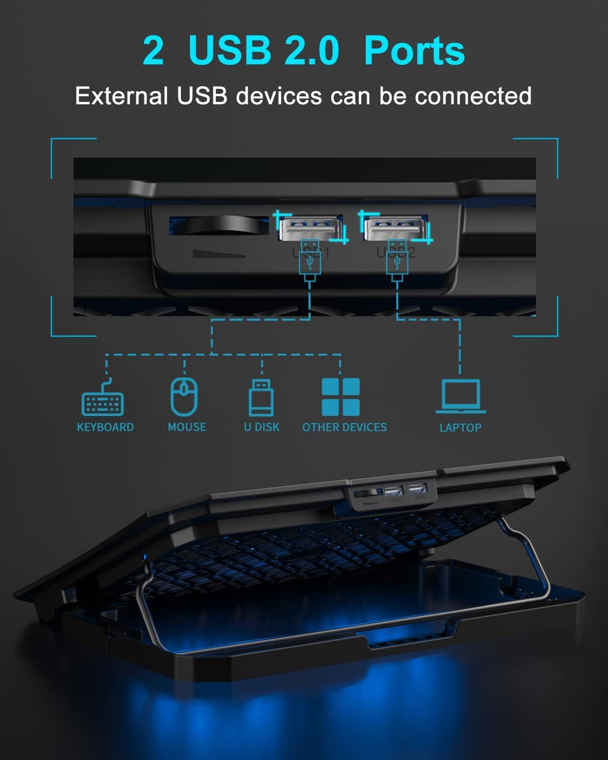 Demonstrates the product's versatility by showing multiple compatible devices (keyboard, mouse, U disk, other devices, laptop) that can be connected via the 2 USB 2.0 ports. Highlights the physical…