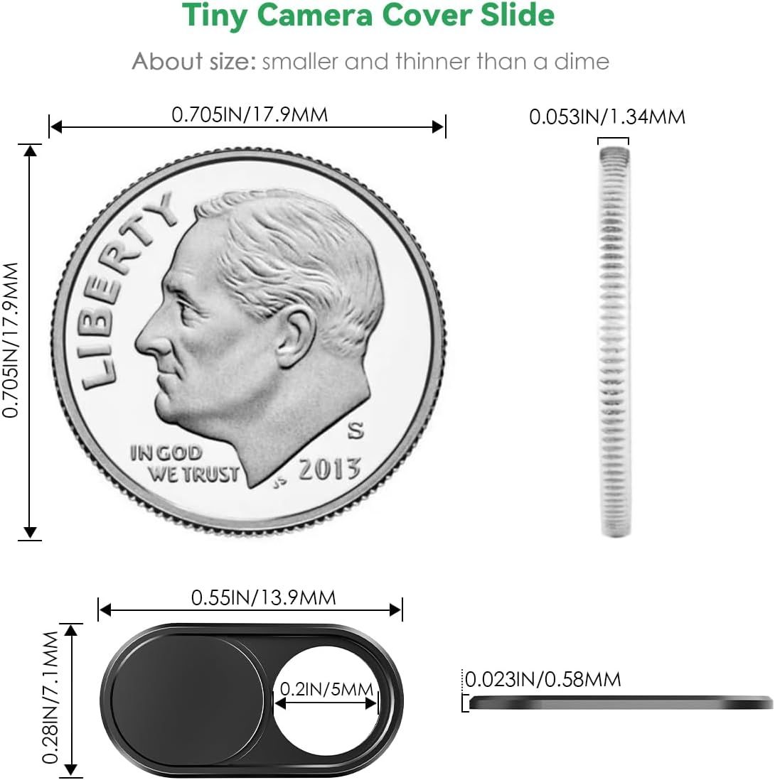 Communicates the tiny, ultra-compact size of the camera cover slide using a dime as a reference object and detailed dimensional measurements to reassure shoppers about its discreet, minimal footprint.