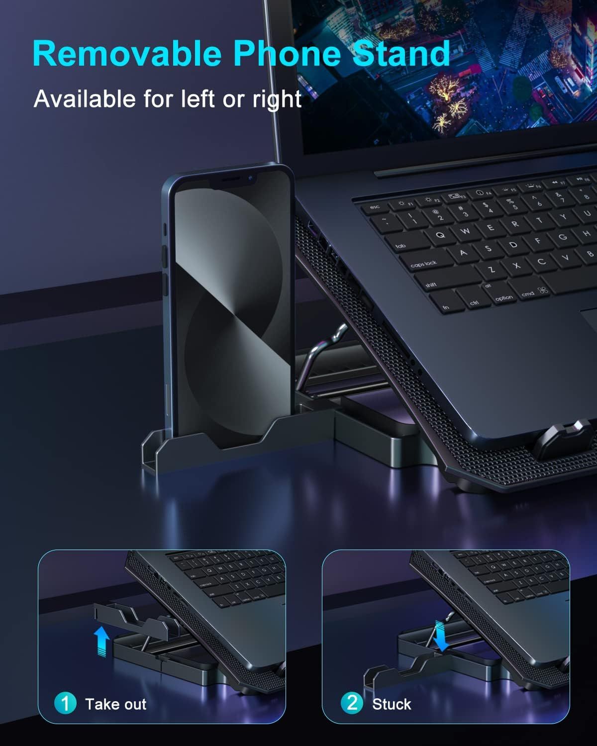 Demonstrates how to install and use the removable phone stand feature, showing the two-step process of taking out and attaching the stand to reassure shoppers of its ease of use. Highlights the…