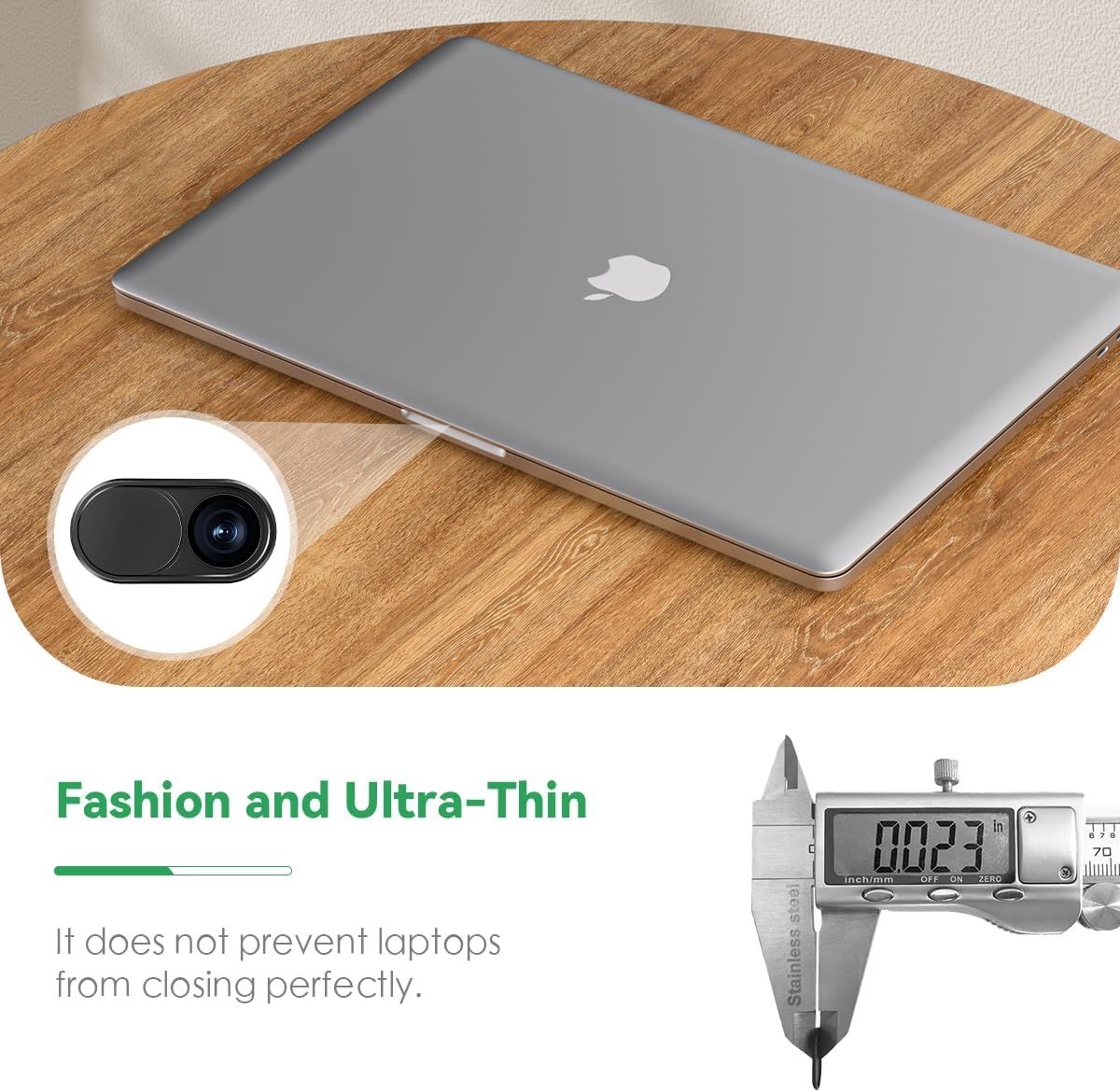 Demonstrates the product's ultra-thin profile using a digital caliper measurement (0.023 inches) to reassure shoppers that it won't interfere with laptop closure.