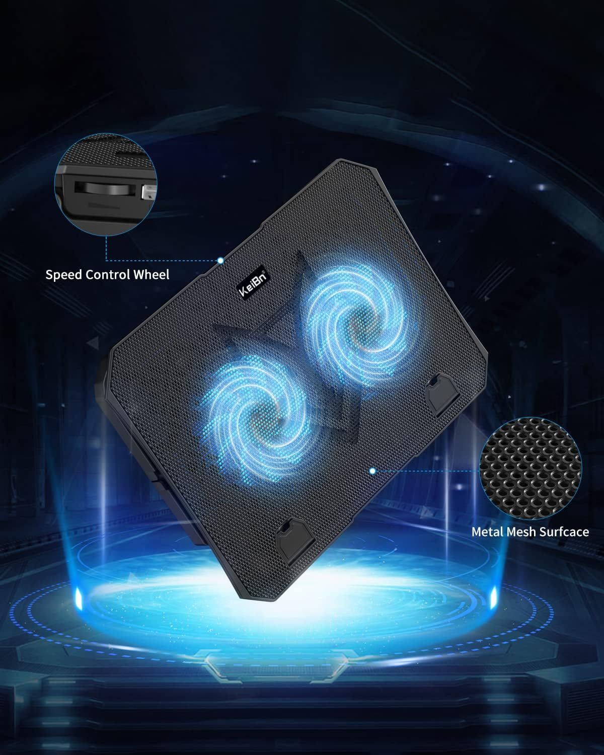 Highlights the physical components and construction of the laptop cooling pad, showing the speed control wheel and metal mesh surface to communicate build quality and functionality.