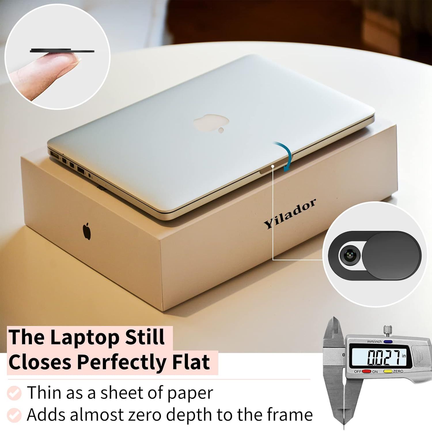 Communicates that the laptop stand allows the laptop to close completely flat, maintaining an ultra-thin profile that adds almost zero depth to the frame.