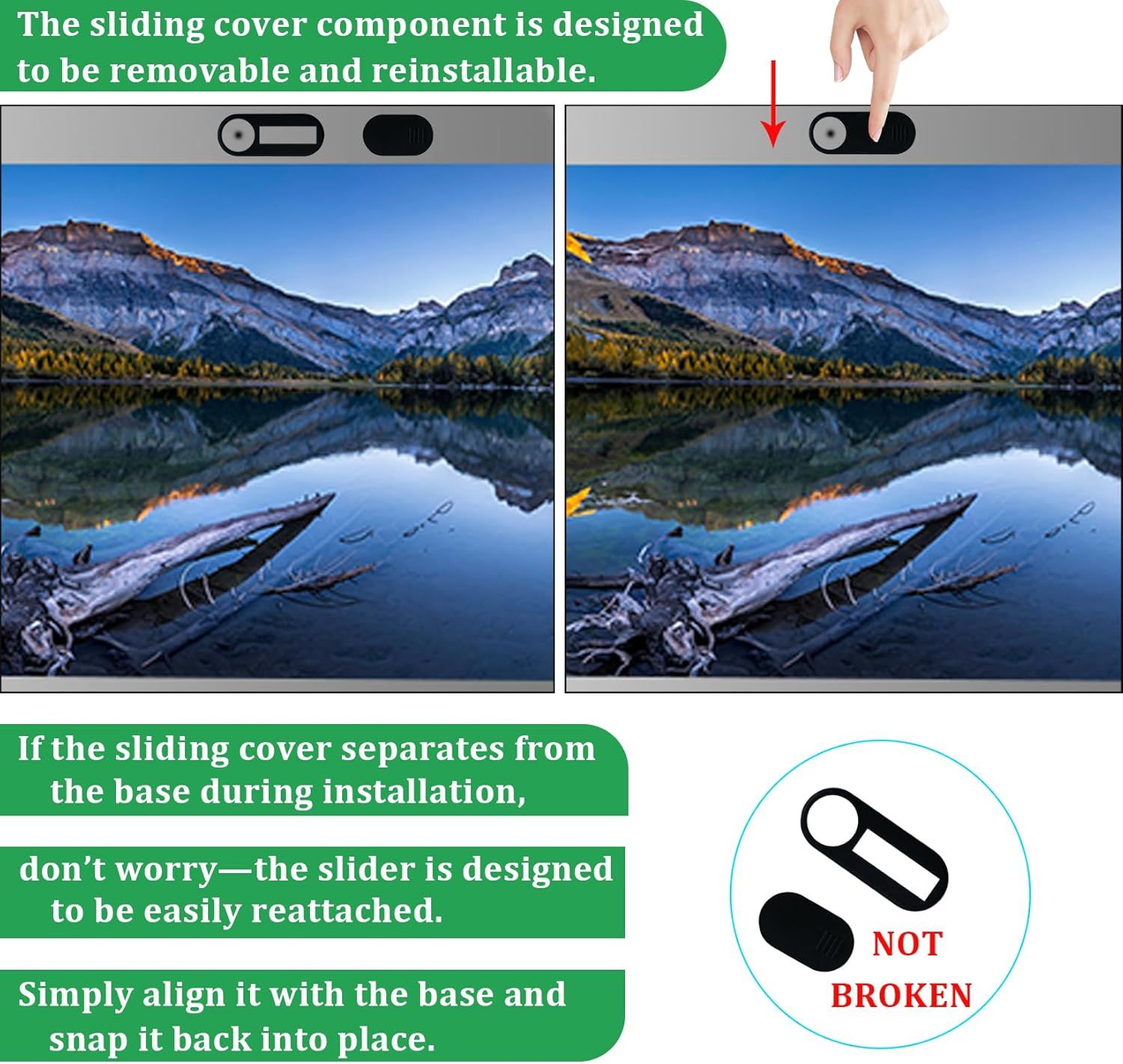 Instructs the shopper on how to remove and reinstall the sliding cover component, reassuring them that if it separates during installation, it can be easily reattached.