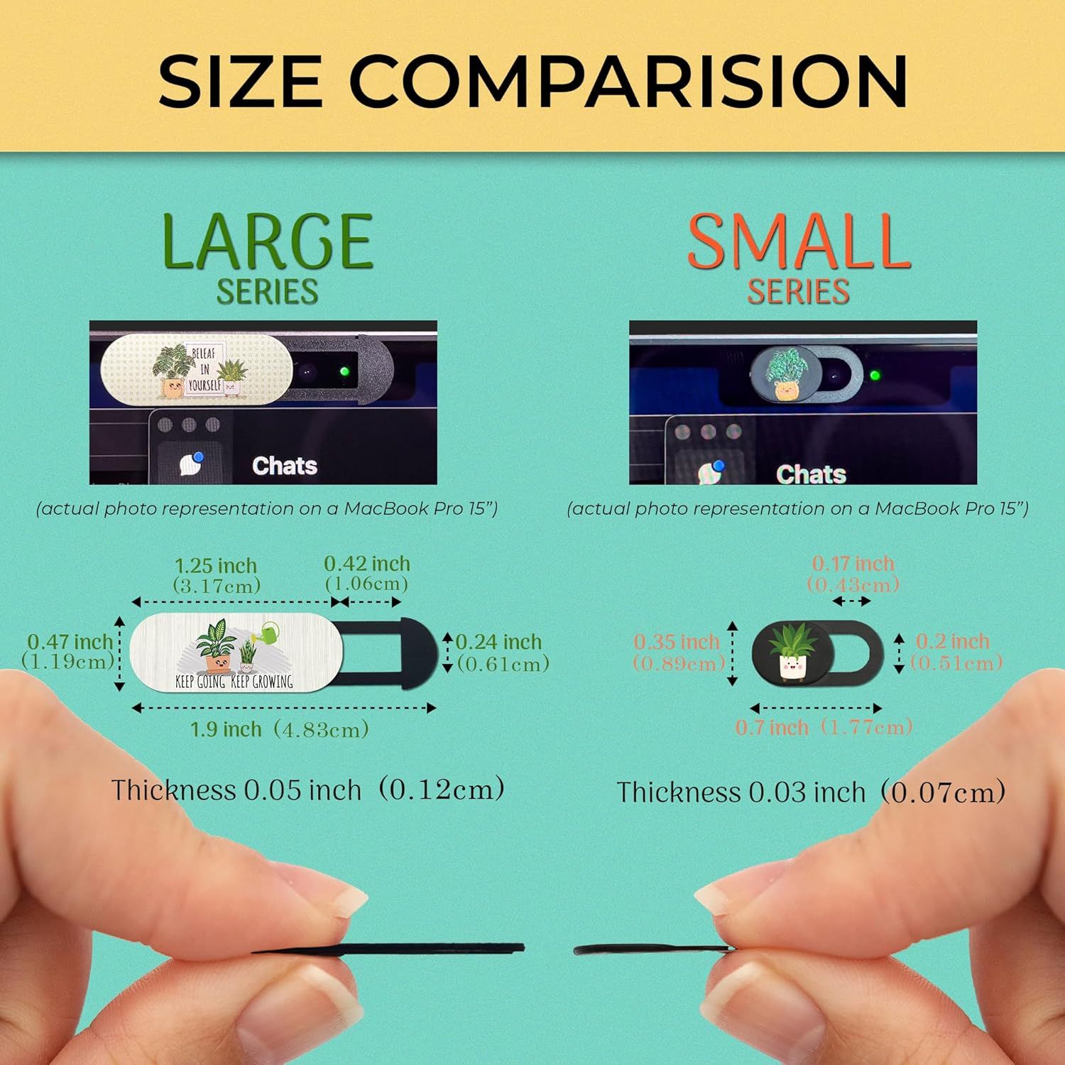 Helps shoppers understand the exact physical dimensions of two product series (Large vs. Small) with detailed measurements and real-world scale references (MacBook webcam cover and hand-held…