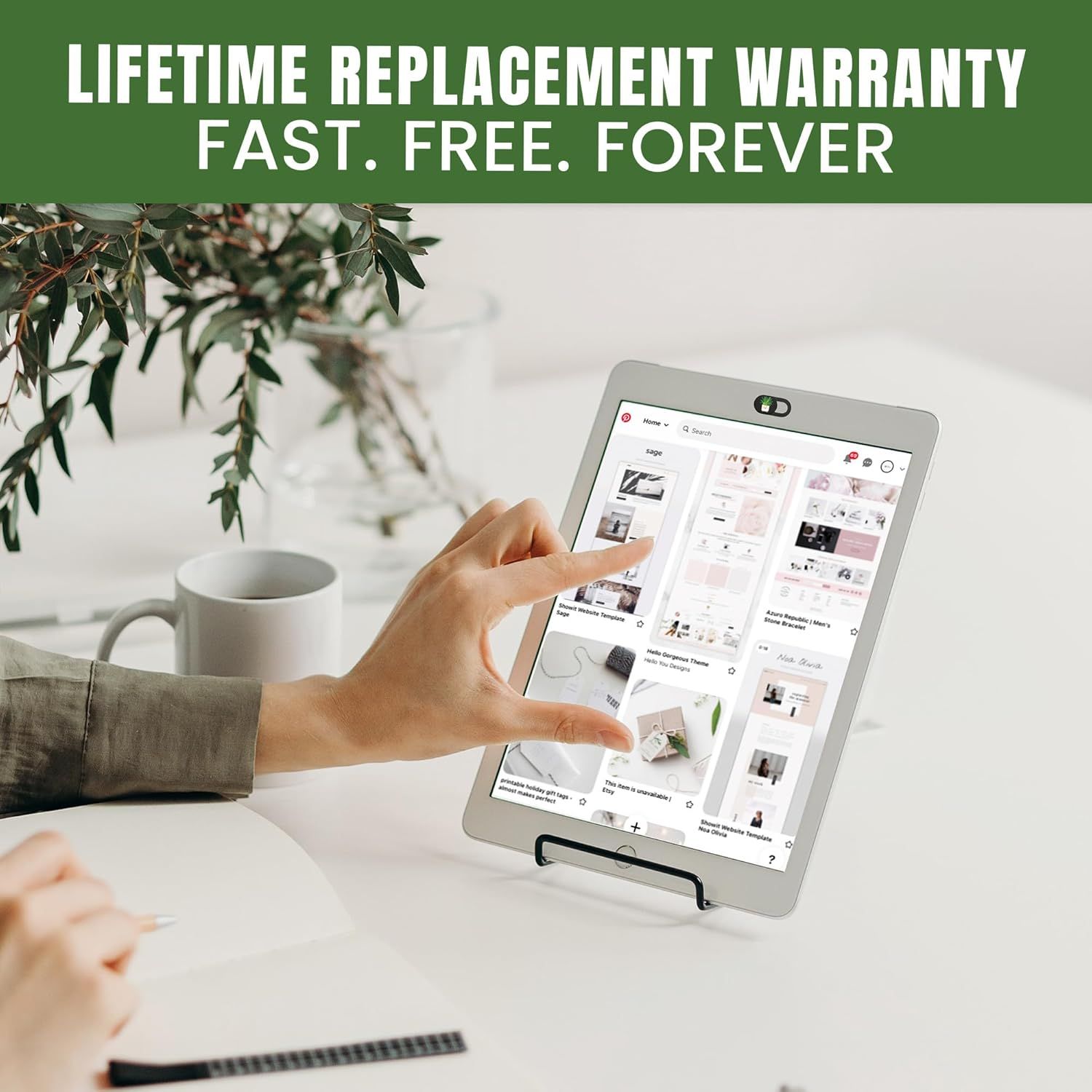 Communicates the product's lifetime warranty benefit to reassure shoppers of long-term value and risk-free purchase with fast, free, forever replacement coverage.