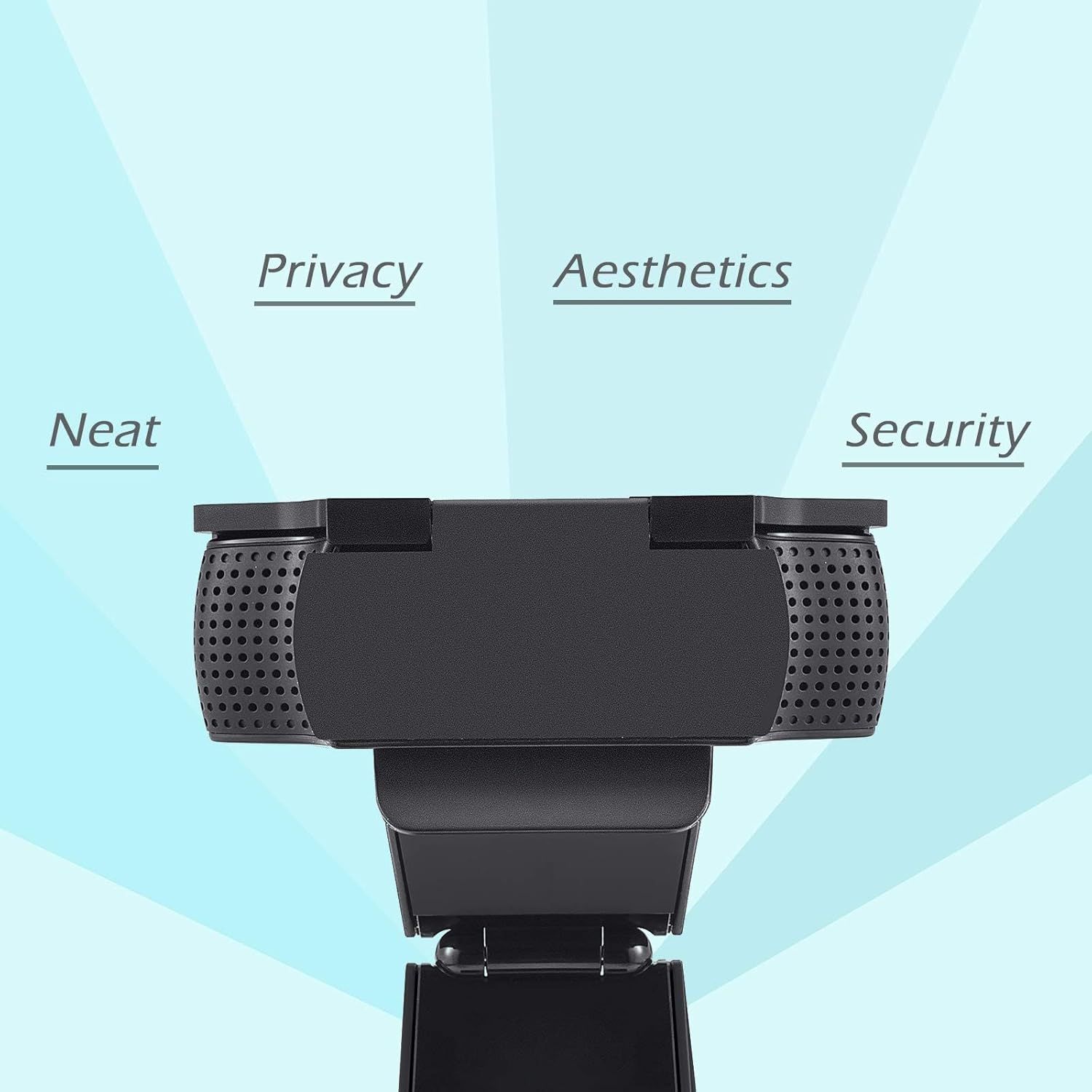 Communicates four distinct benefits of the webcam—privacy protection, attractive design, neat appearance, and security—to reassure shoppers of its comprehensive value.