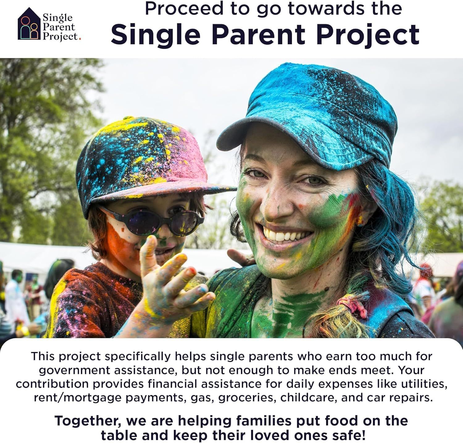 Communicates the brand's charitable mission and social impact by explaining how proceeds support single parents in need, building emotional connection and trust with shoppers.