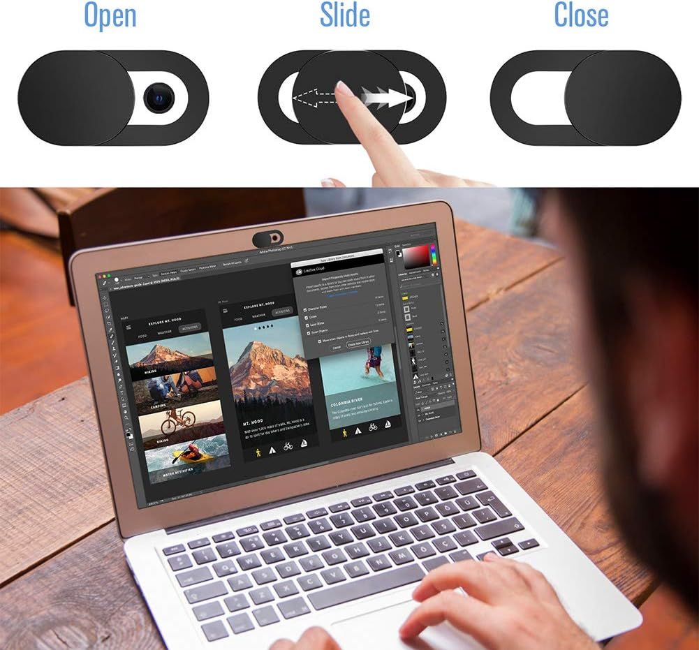 Demonstrates how to operate the webcam cover's sliding mechanism to open and close the privacy shield, reassuring shoppers about ease of use. Highlights the privacy protection benefit and simple…