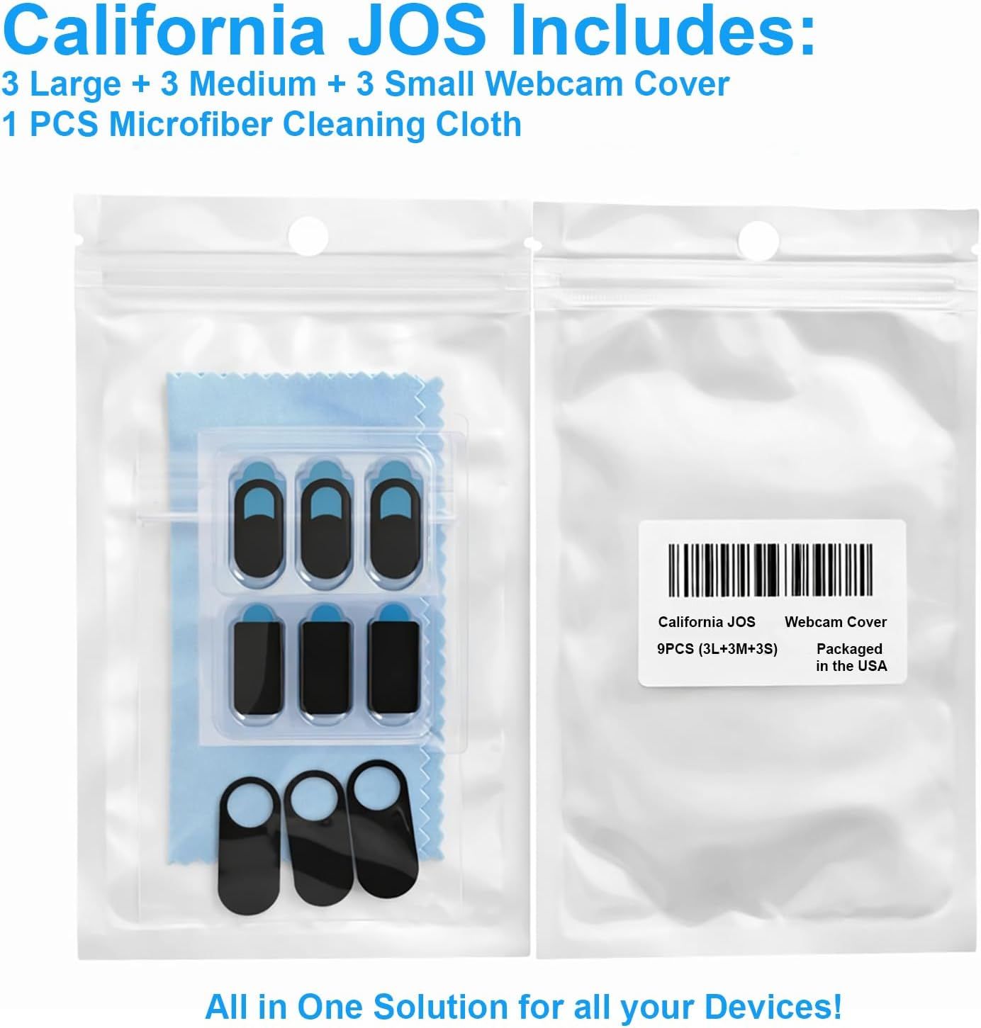 Shows everything included in the package to help shoppers understand the complete bundle they will receive: 9 webcam covers in 3 sizes plus a cleaning cloth.