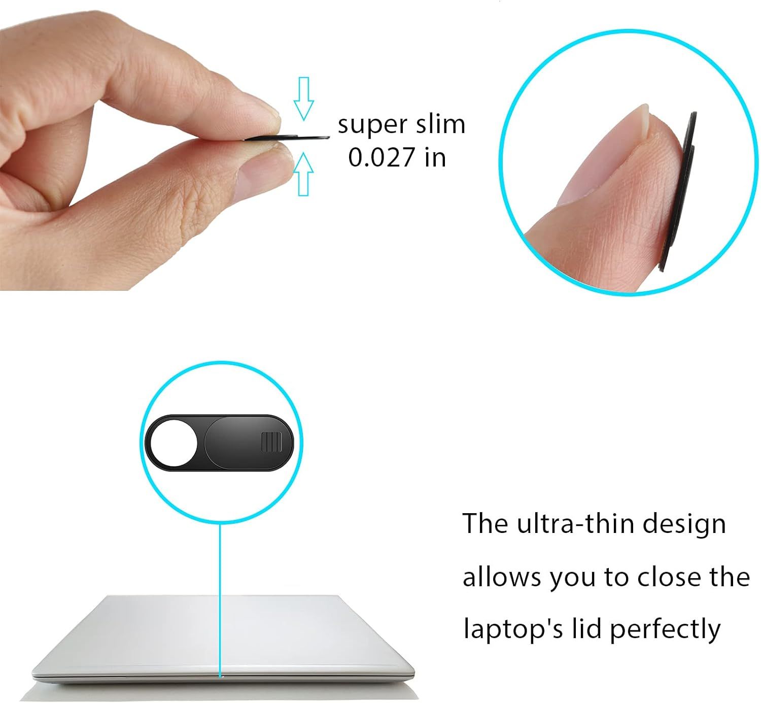 Communicates the product's ultra-slim 0.027-inch profile as a key benefit, emphasizing that it allows laptops to close perfectly without interference.