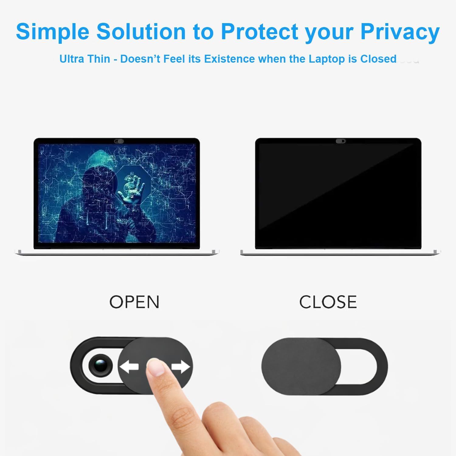 Demonstrates how to use the webcam cover by sliding it open and closed, reassuring shoppers that it's simple to operate and protects their privacy when the laptop is closed. Highlights the…