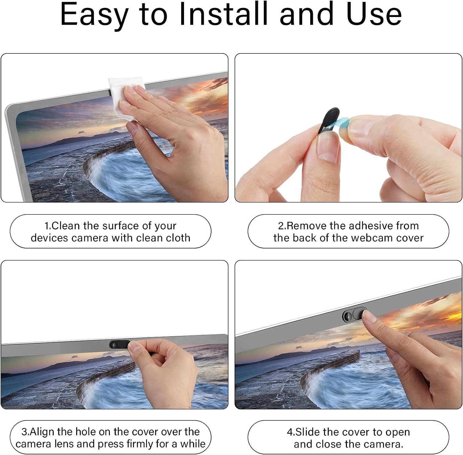 Provides step-by-step visual instructions showing shoppers exactly how to install and use the webcam cover, reassuring them that setup is quick and simple.