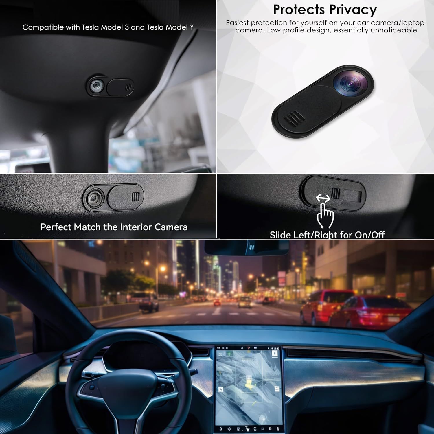 Demonstrates multiple use cases and features of the camera privacy cover: compatibility with specific Tesla models, how it protects privacy with a low-profile design, how it matches the interior,…