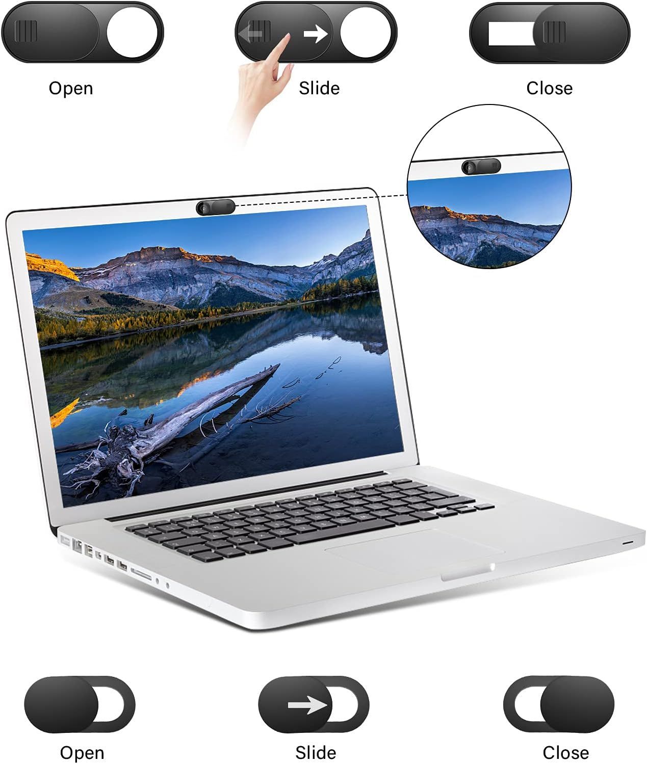 Demonstrates how to operate the webcam cover's sliding mechanism to open and close the privacy shutter, reassuring shoppers about ease of use.