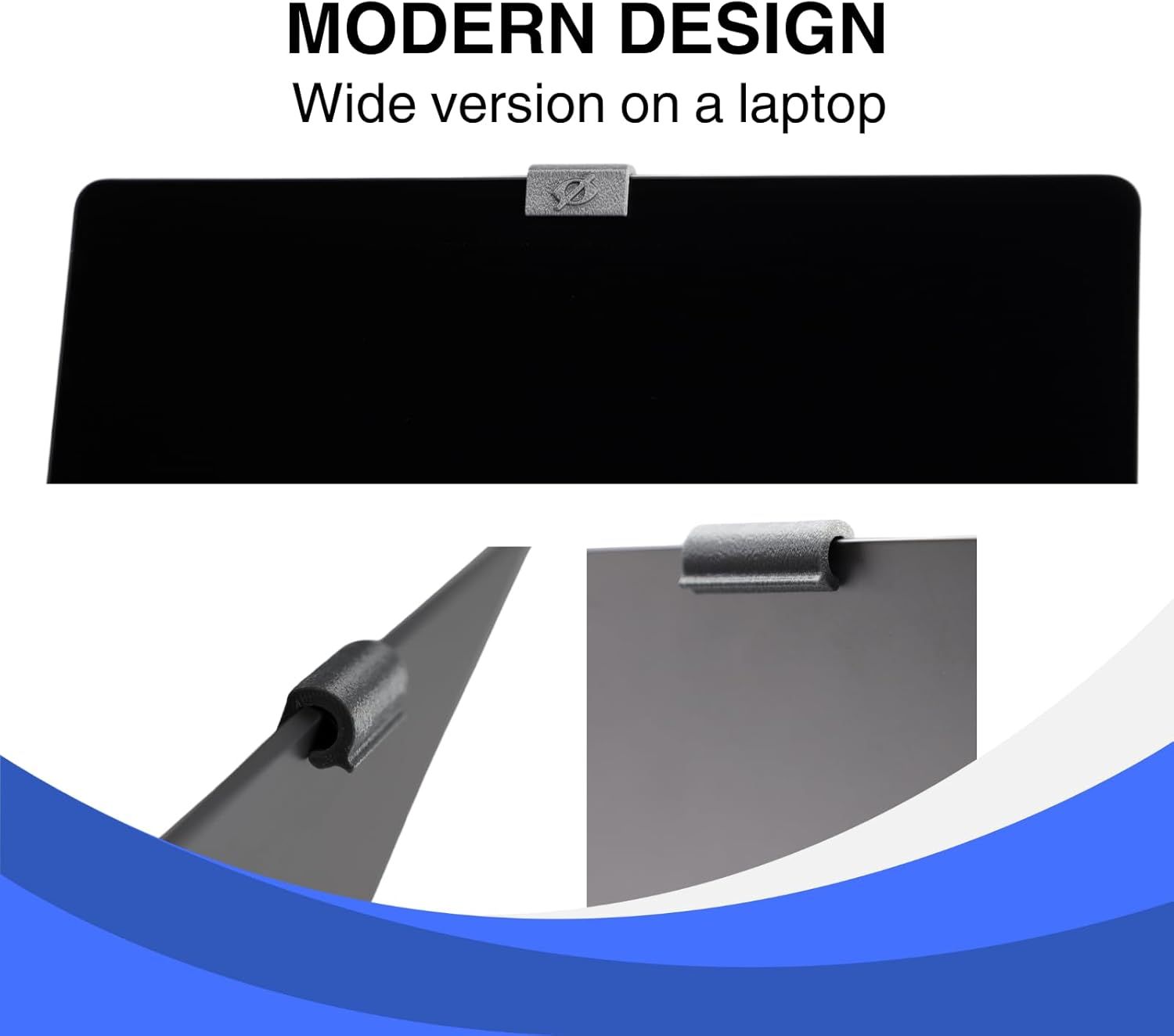 Highlights the modern design and physical components of the laptop privacy cover, showing the wide version and detailed close-ups of the hinge mechanism to demonstrate build quality and functionality.