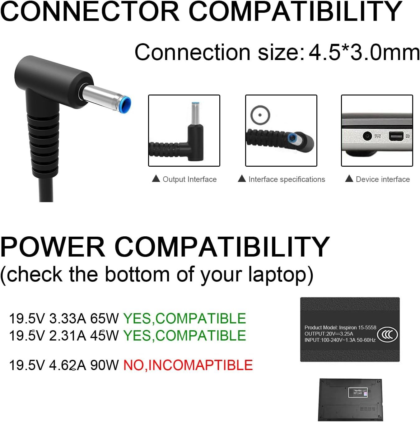 This image shows which connector types and power specifications are compatible with the product, helping shoppers verify that the cable will work with their specific laptop model.