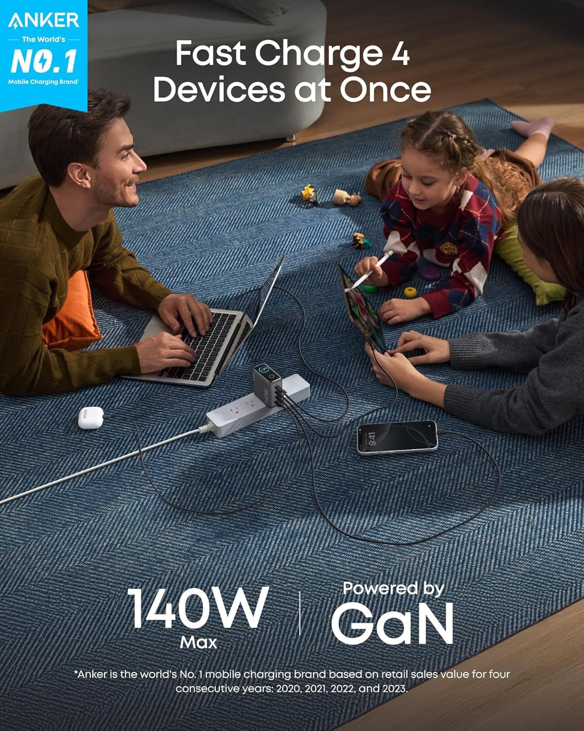 Communicates the key benefit of charging 4 devices simultaneously with fast charging capability, reassuring shoppers that the product can handle their family's charging needs efficiently.…