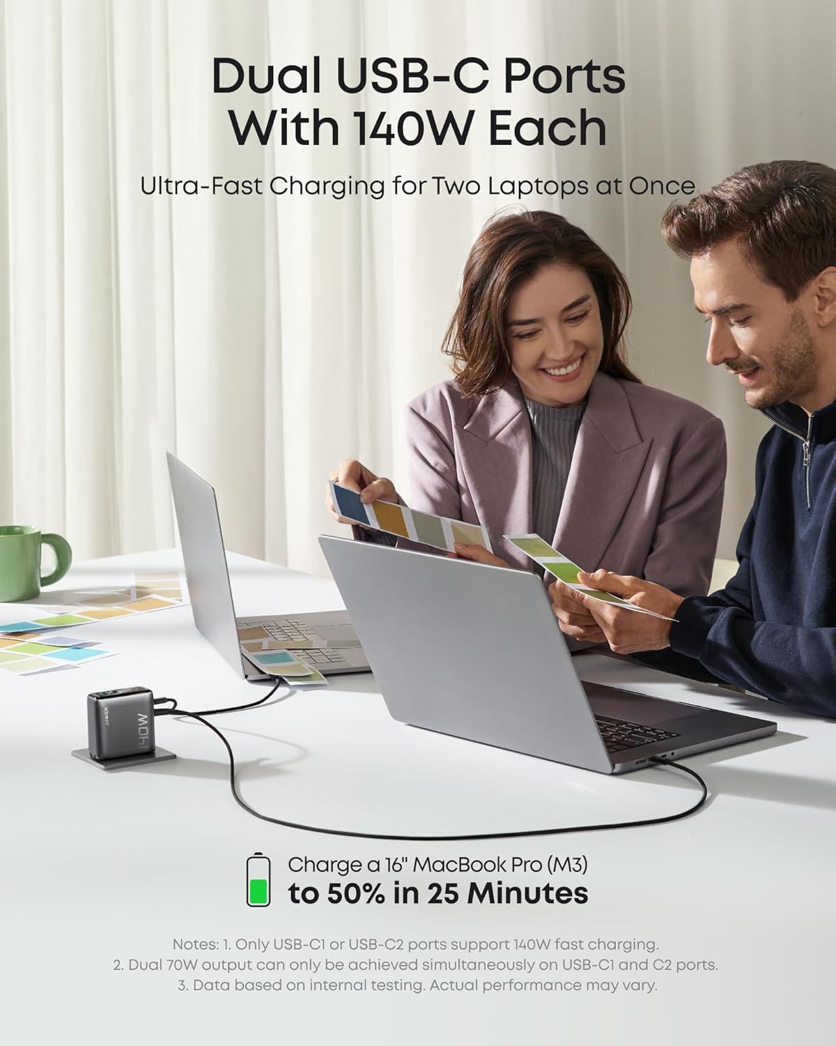 Highlights the product's powerful dual 140W USB-C charging capability and fast charging speed (50% in 25 minutes) to demonstrate superior performance and efficiency for laptop users. Communicates…