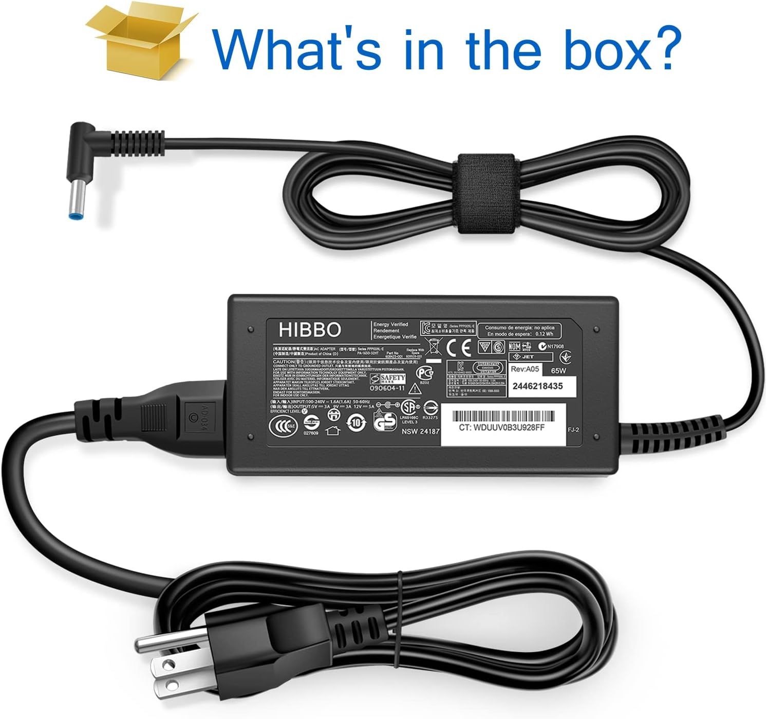 Shows the customer exactly what components are included in the package: the power adapter, output cable, and power cord, providing clarity on what they will receive.