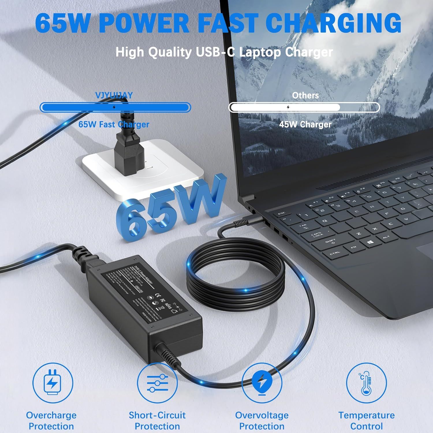 Demonstrates the product's superior 65W fast charging capability compared to competitors' 45W chargers, emphasizing faster charging performance. Highlights multiple safety features to reassure…
