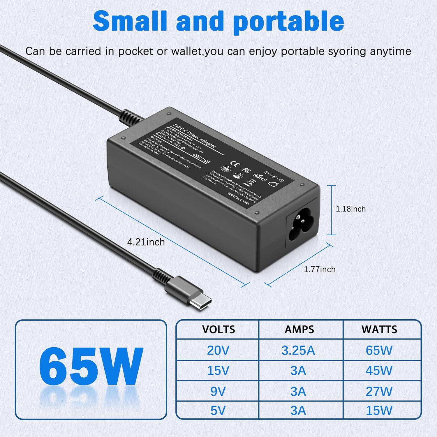 Communicates the physical dimensions of the power adapter (4.21 x 1.77 x 1.18 inches) and emphasizes its small, portable design that can fit in a pocket or wallet for convenient travel. Highlights…